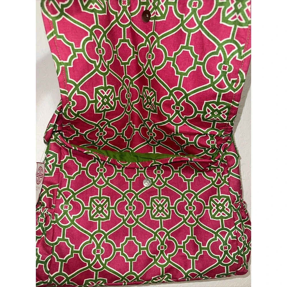 Buckhead Betties Pink Green Geometric Canvas Messenger Crossbody Bag NWT